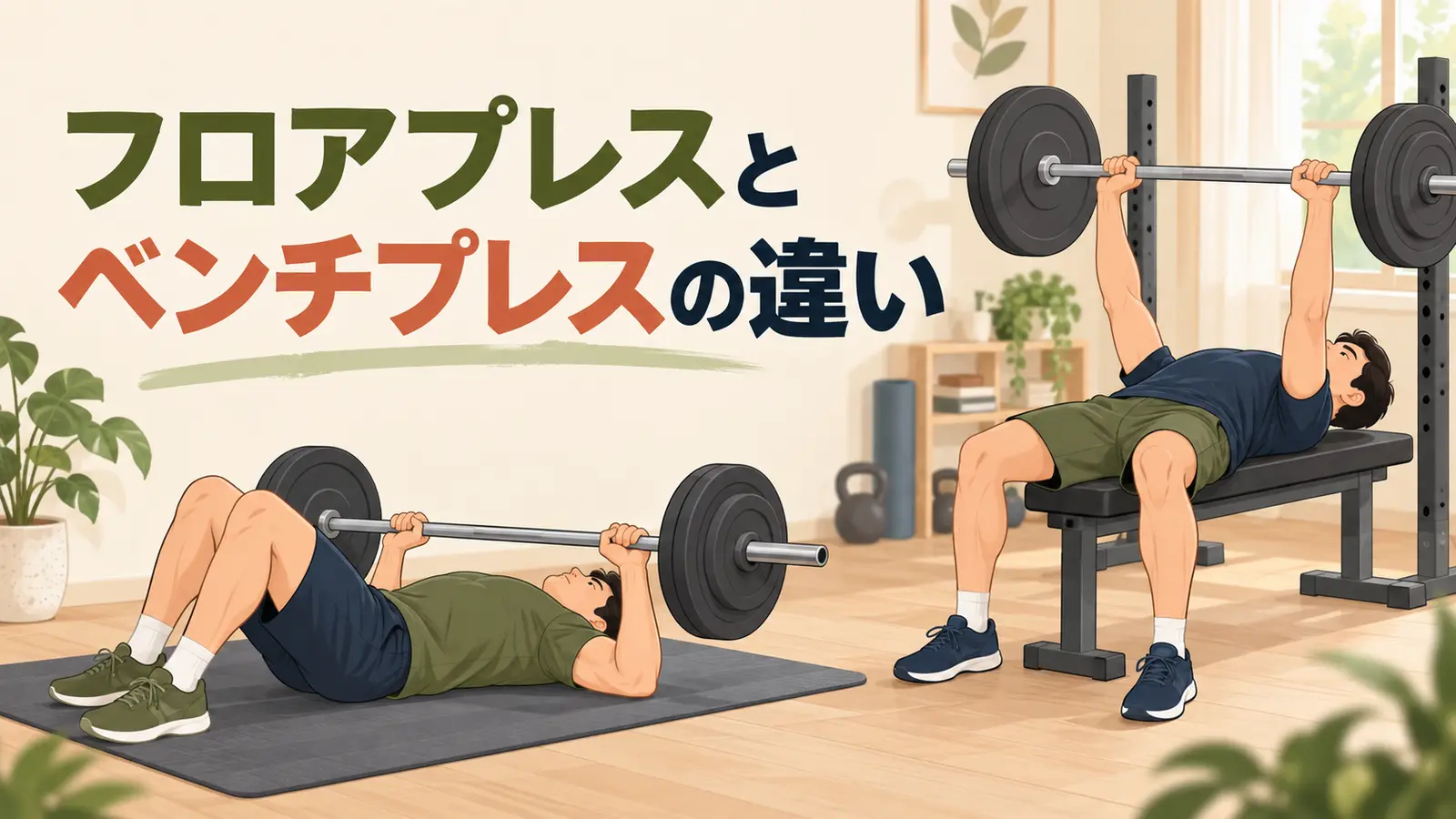 床とベンチで行うプレスを比較した様子