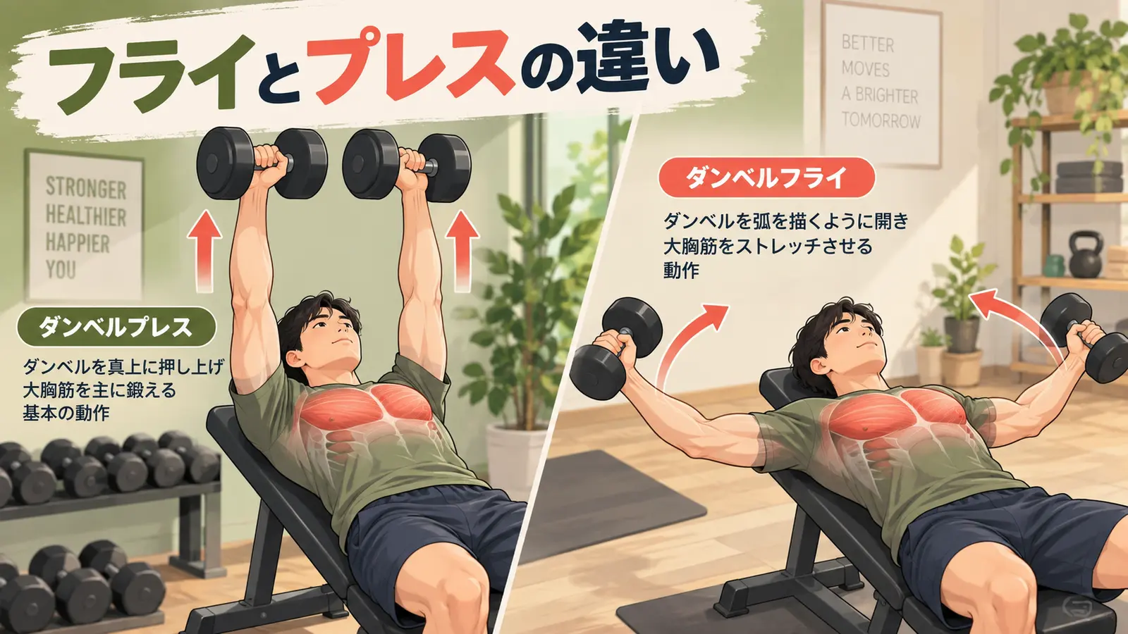 ダンベルフライとプレスを比較するアイキャッチ