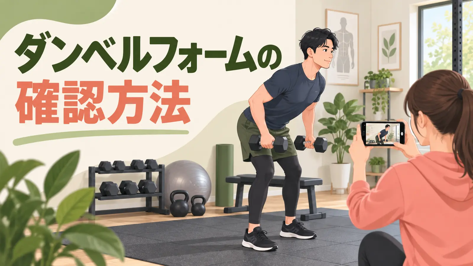 スマートフォンでダンベルフォームを撮影する様子