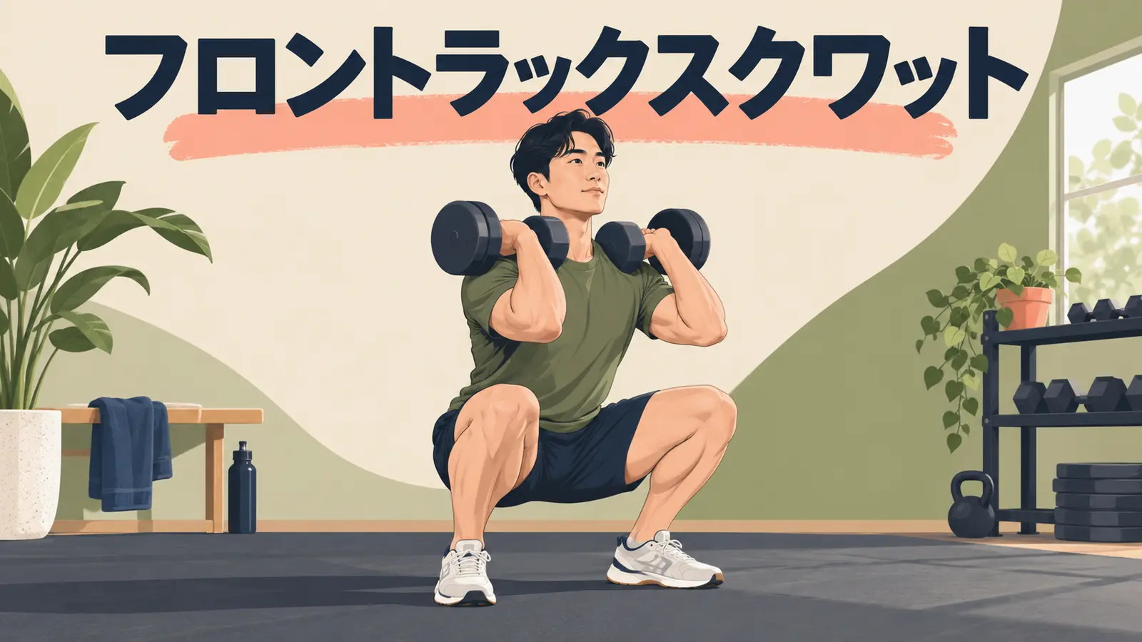 ダンベルフロントラックスクワットの正しいフォームを解説するアイキャッチ