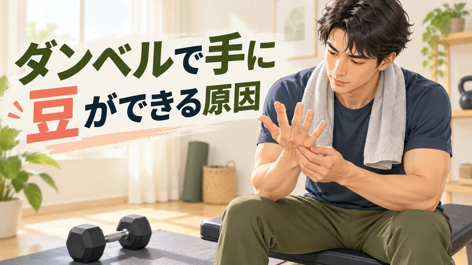 ダンベル運動後に手のひらを確認する様子