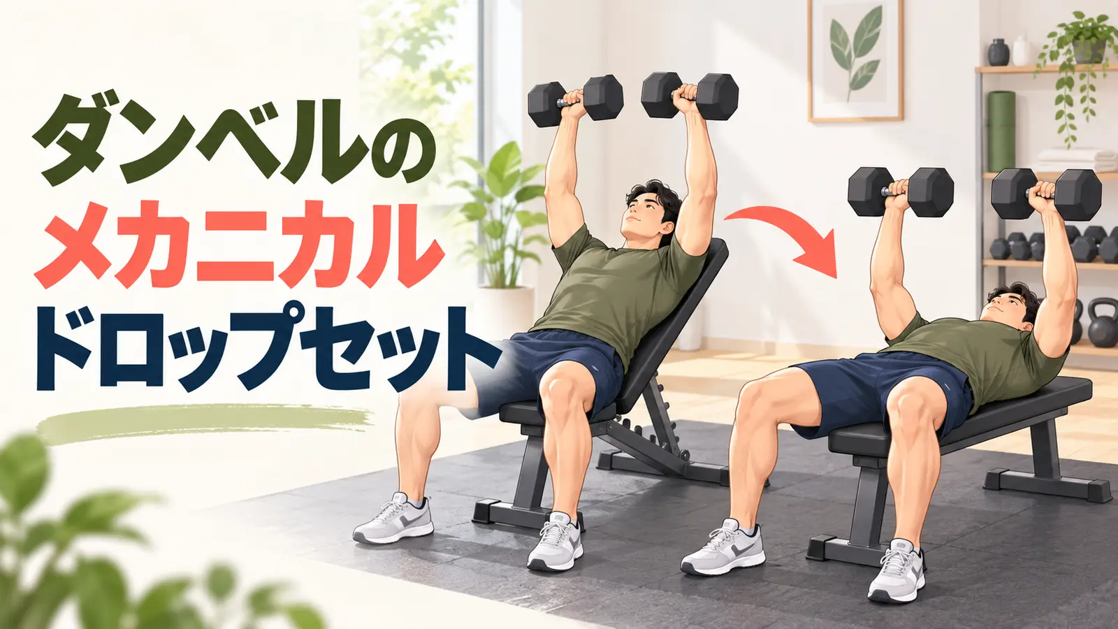 ダンベルのメカニカルドロップセット|重量を変えずに難度を下げる方法を解説するアイキャッチ