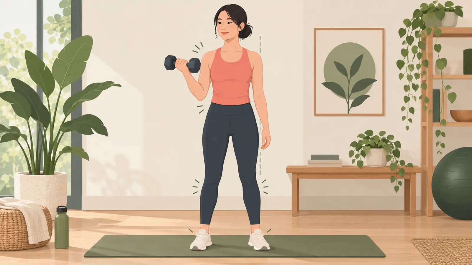 ダンベルのオフセットトレーニングの安全な動作手順を示す解説イラスト