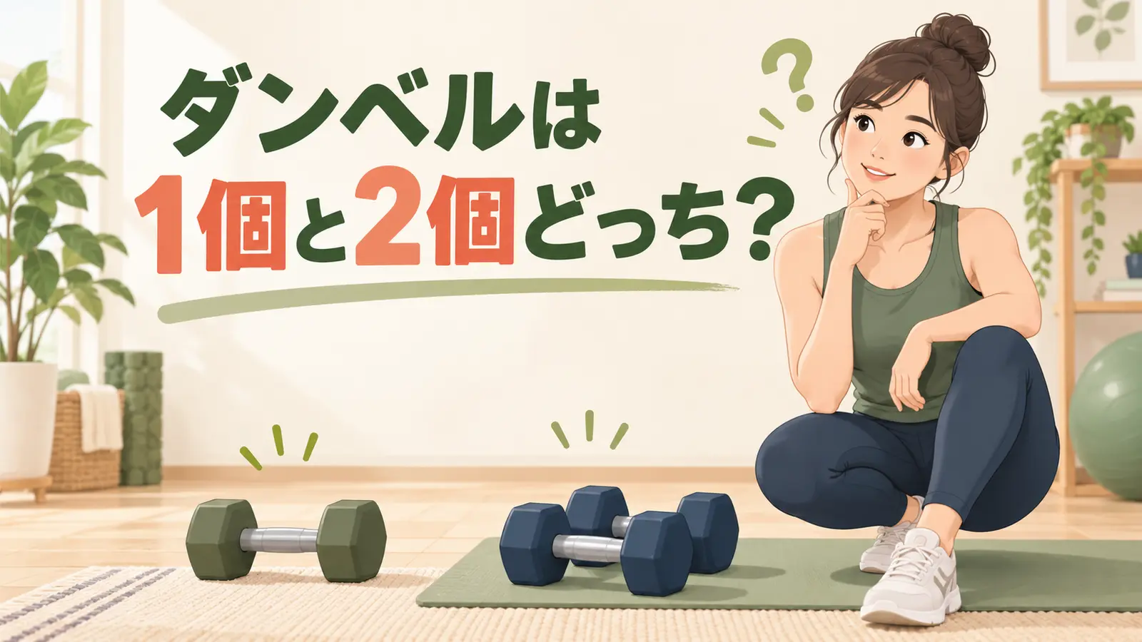 ダンベル1個と2個のどちらを選ぶか考える様子
