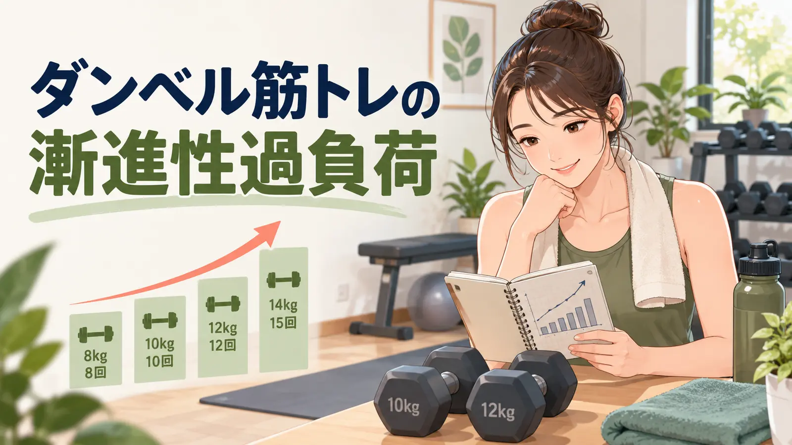 ダンベル筋トレの漸進性過負荷|重量・回数を伸ばす基本原則を解説するアイキャッチ