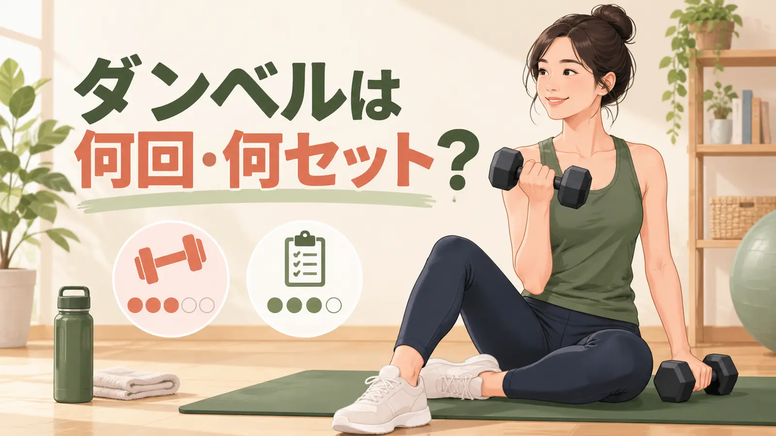 ダンベルの回数とセット数を考える様子