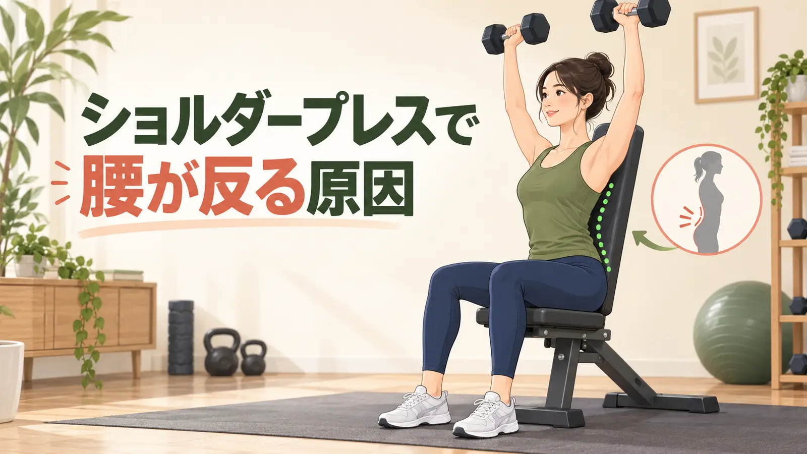 座位ショルダープレスで背中を支える様子