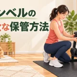 子どもから離れたラックへダンベルを収納する様子