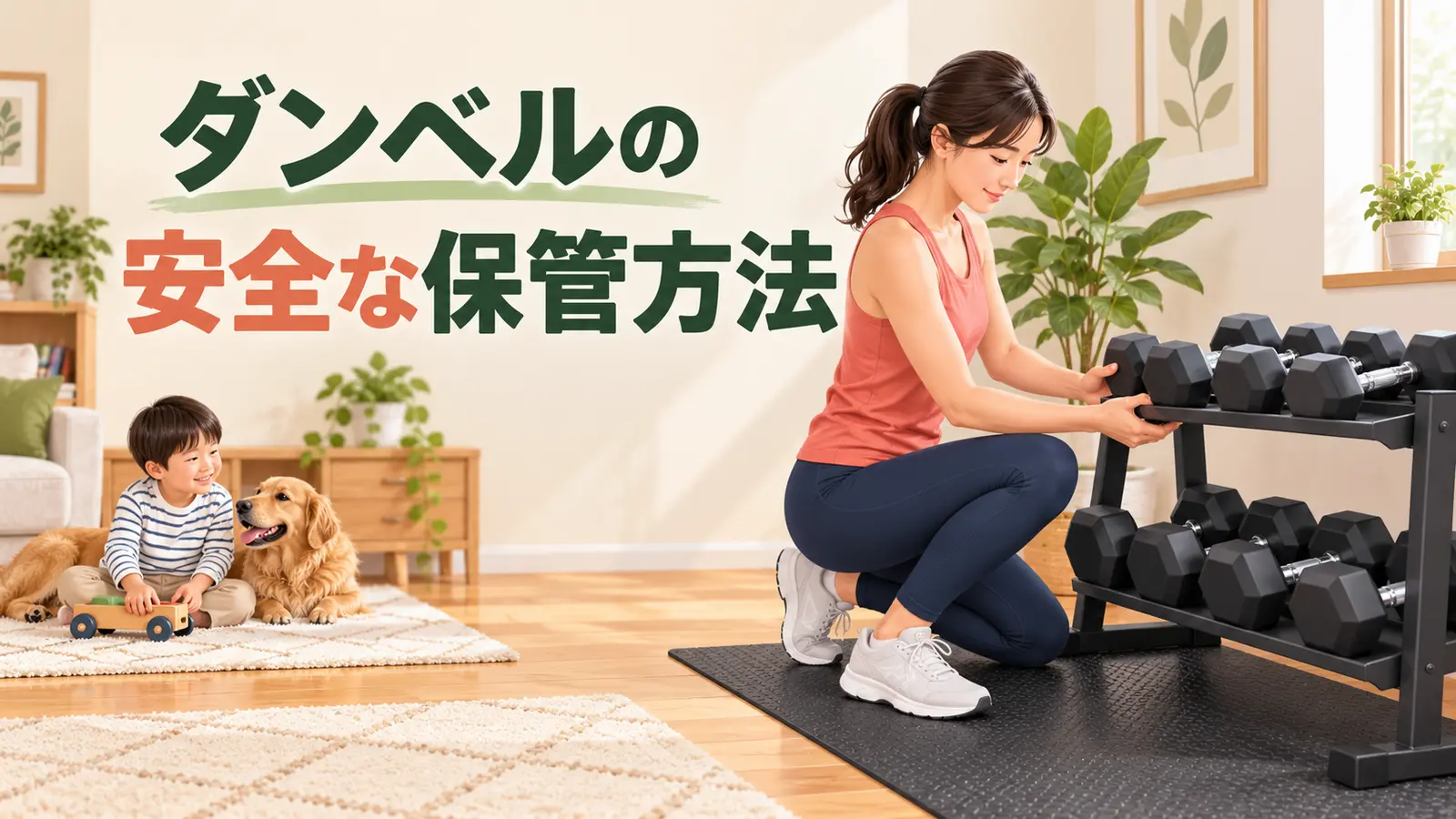 子どもから離れたラックへダンベルを収納する様子