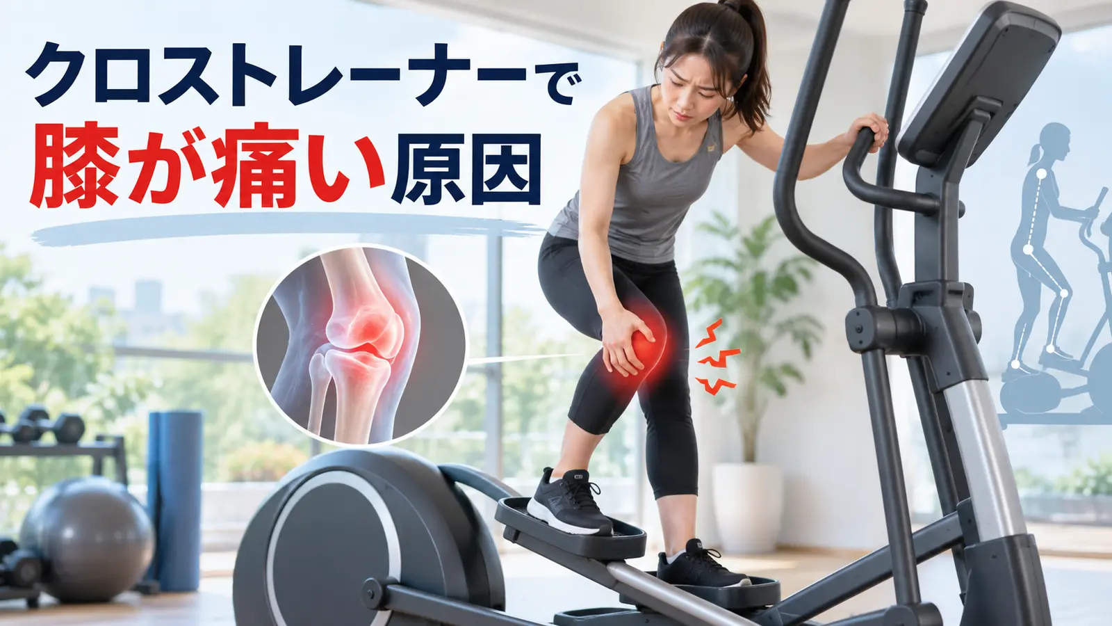 クロストレーナーを止めて膝を確認する人物