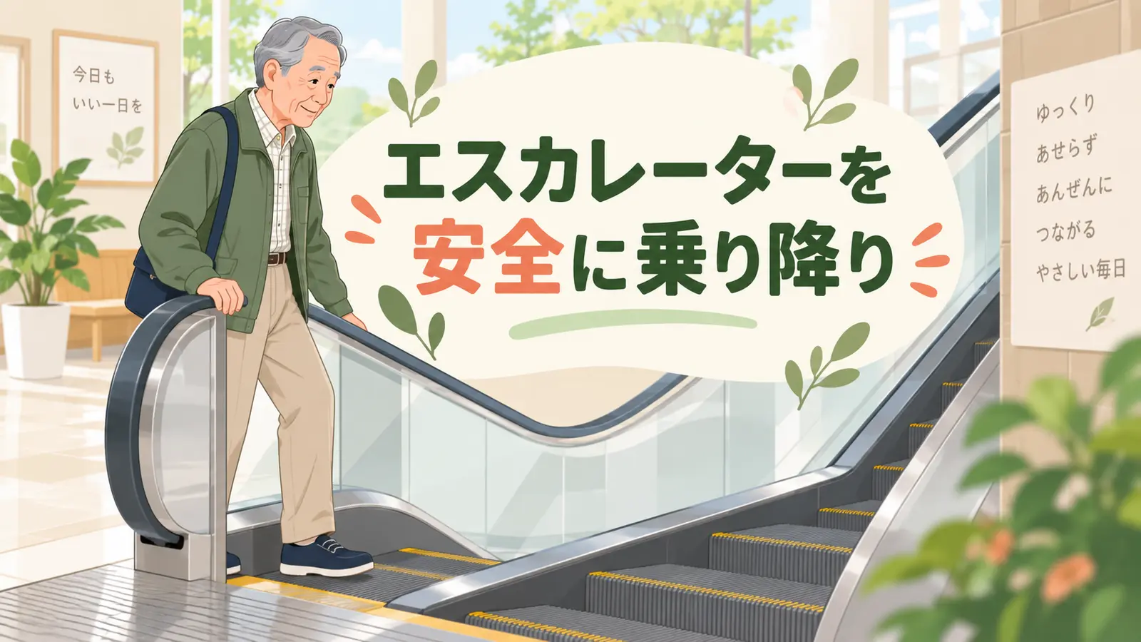 手すりを持ってエスカレーターへ乗る中高年男性
