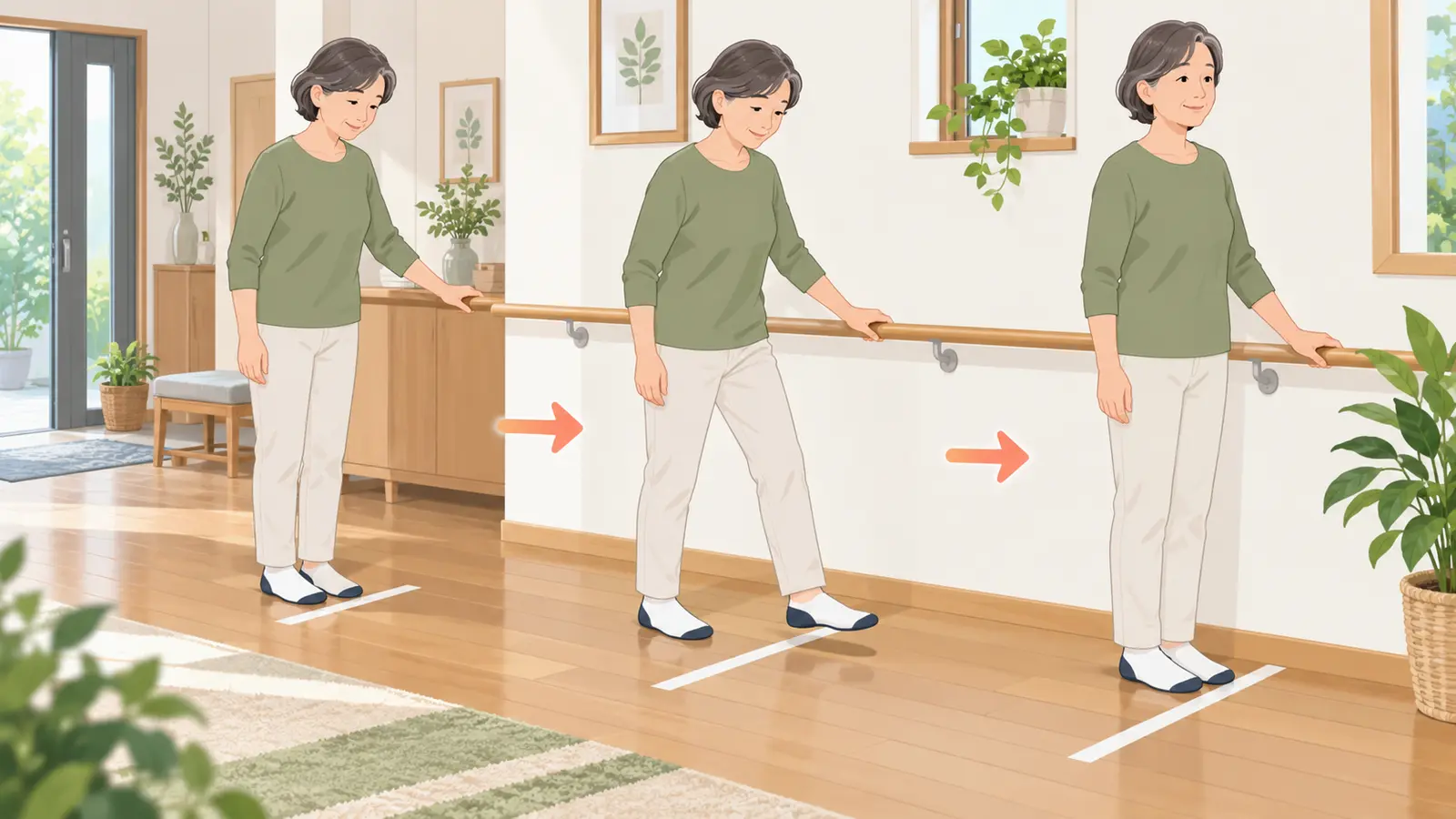 床の線を使った踏み出しと停止の練習