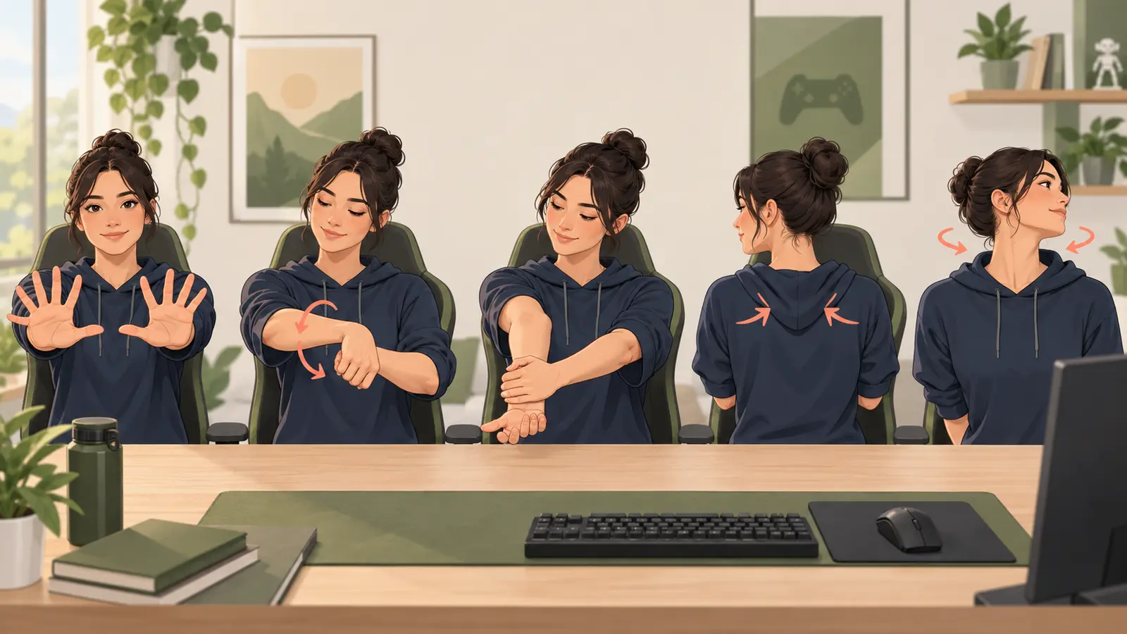 eスポーツ前のウォームアップ手順を示すイラスト