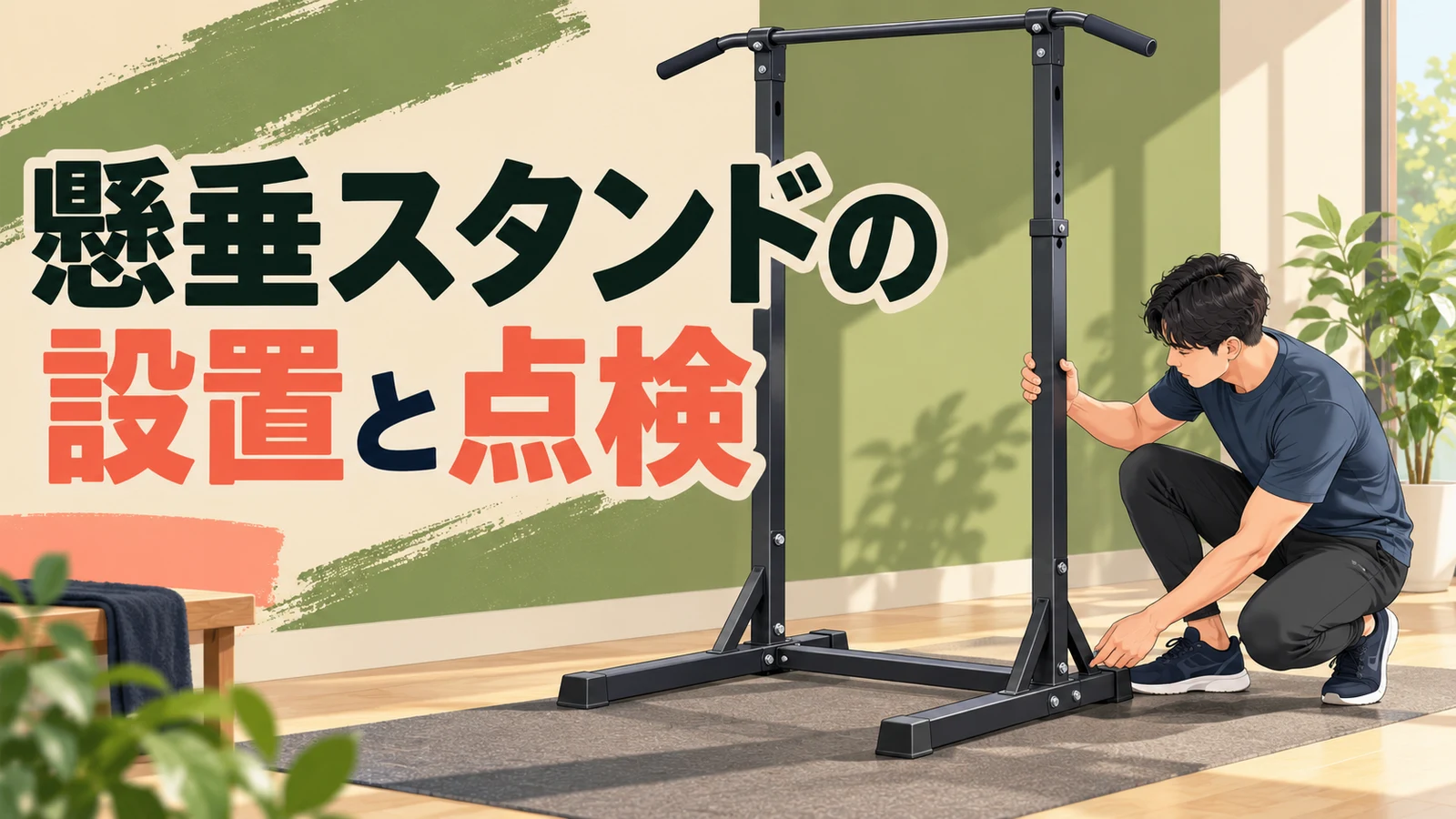 懸垂スタンドの設置と使用前点検 据置型懸垂スタンドの脚・支柱・バーを使用前に点検するイラスト
