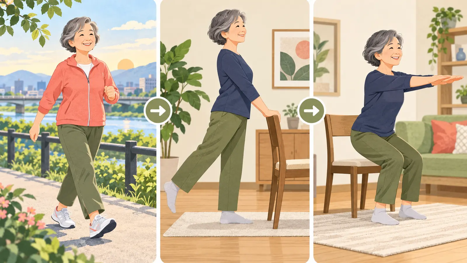 退職後の運動習慣に役立つ運動手順のイラスト