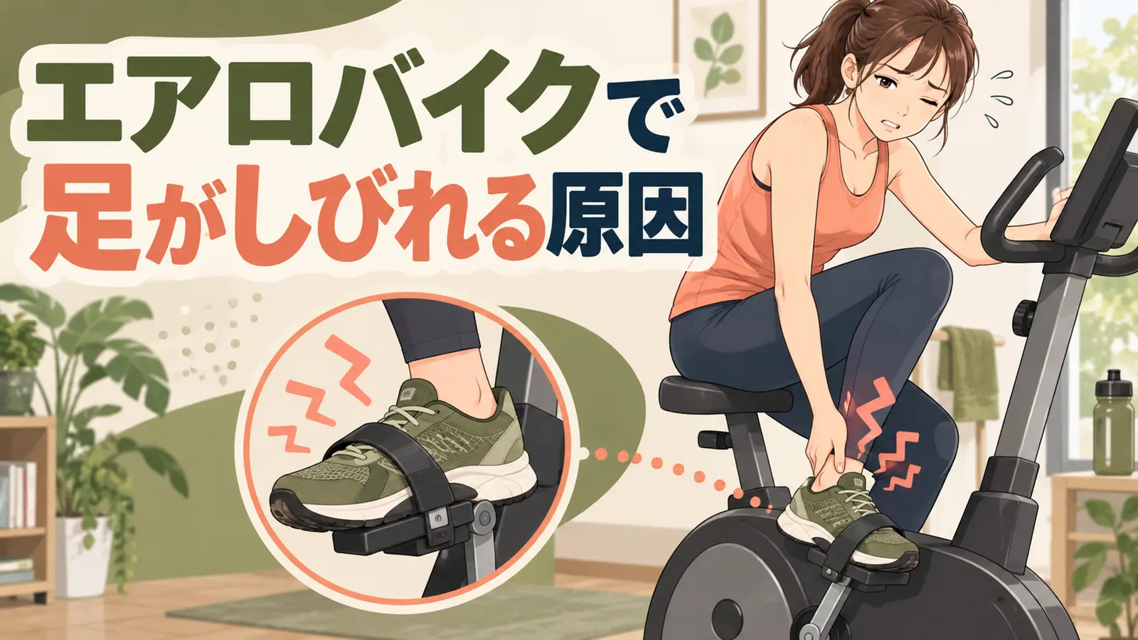 エアロバイクで足のしびれを感じる人物