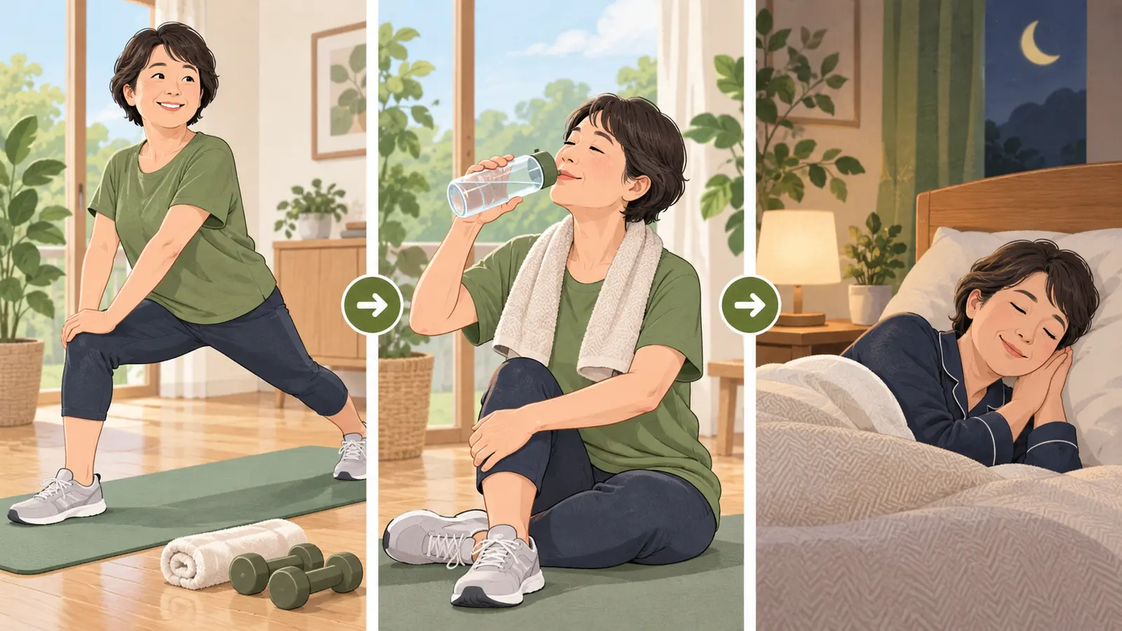50代の運動後疲労に役立つ運動手順のイラスト