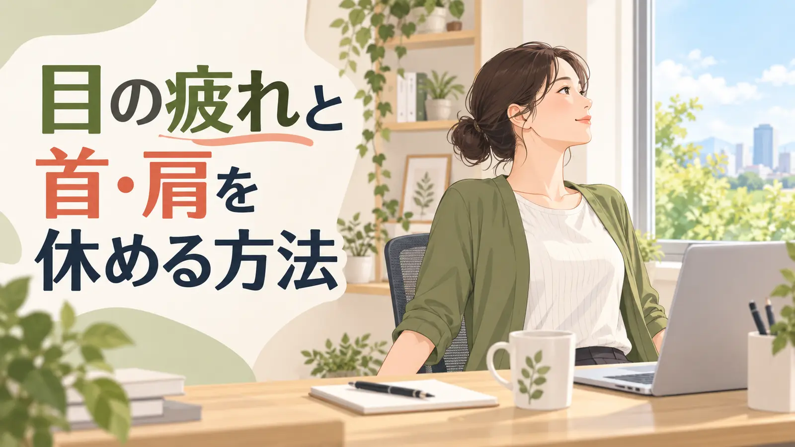 画面から視線を外して目と首肩を休める女性