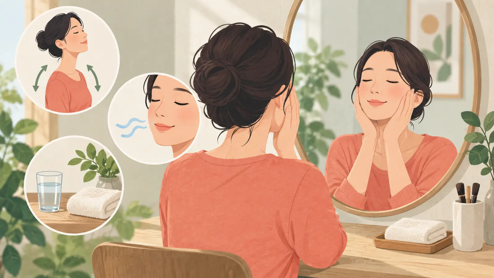 鏡の前で顔の力を抜き呼吸する様子