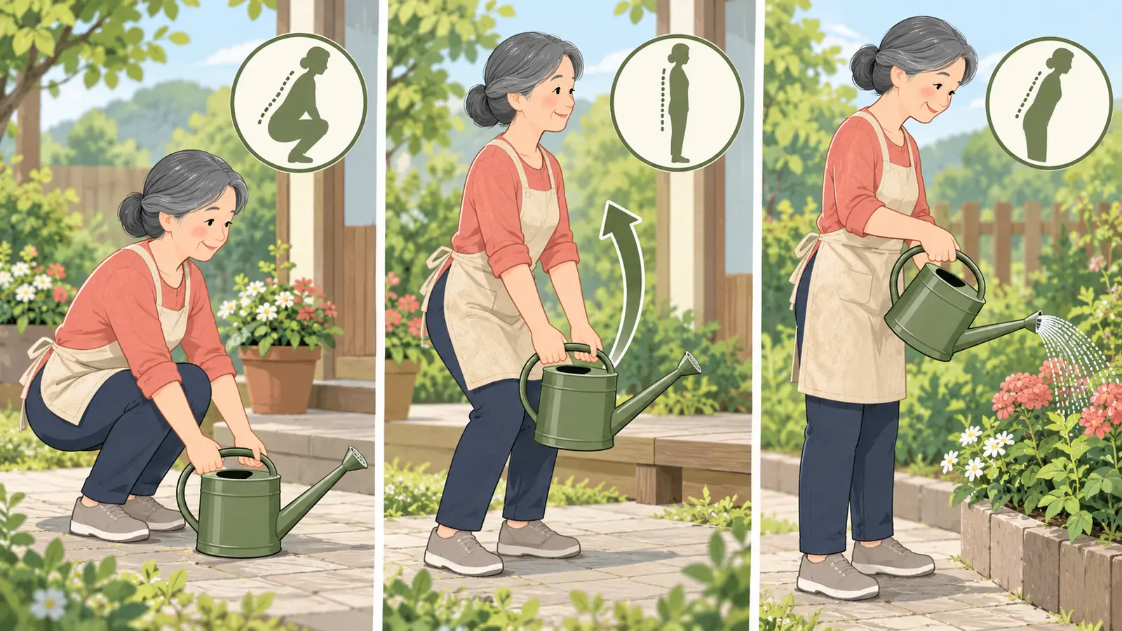 庭仕事の体力づくりに役立つ運動手順のイラスト