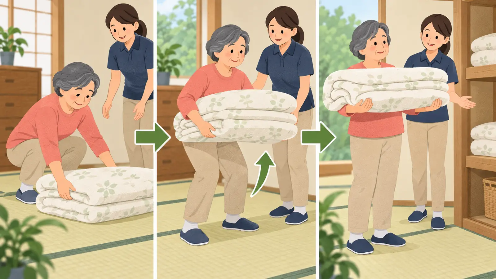 布団干しの体力づくりに役立つ運動手順のイラスト