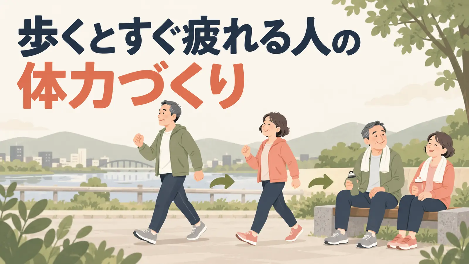 歩くとすぐ疲れる人の体力づくりを実践する中高年のイラスト