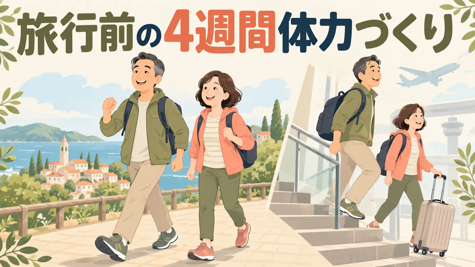 中高年の旅行前体力づくりを実践する中高年のイラスト