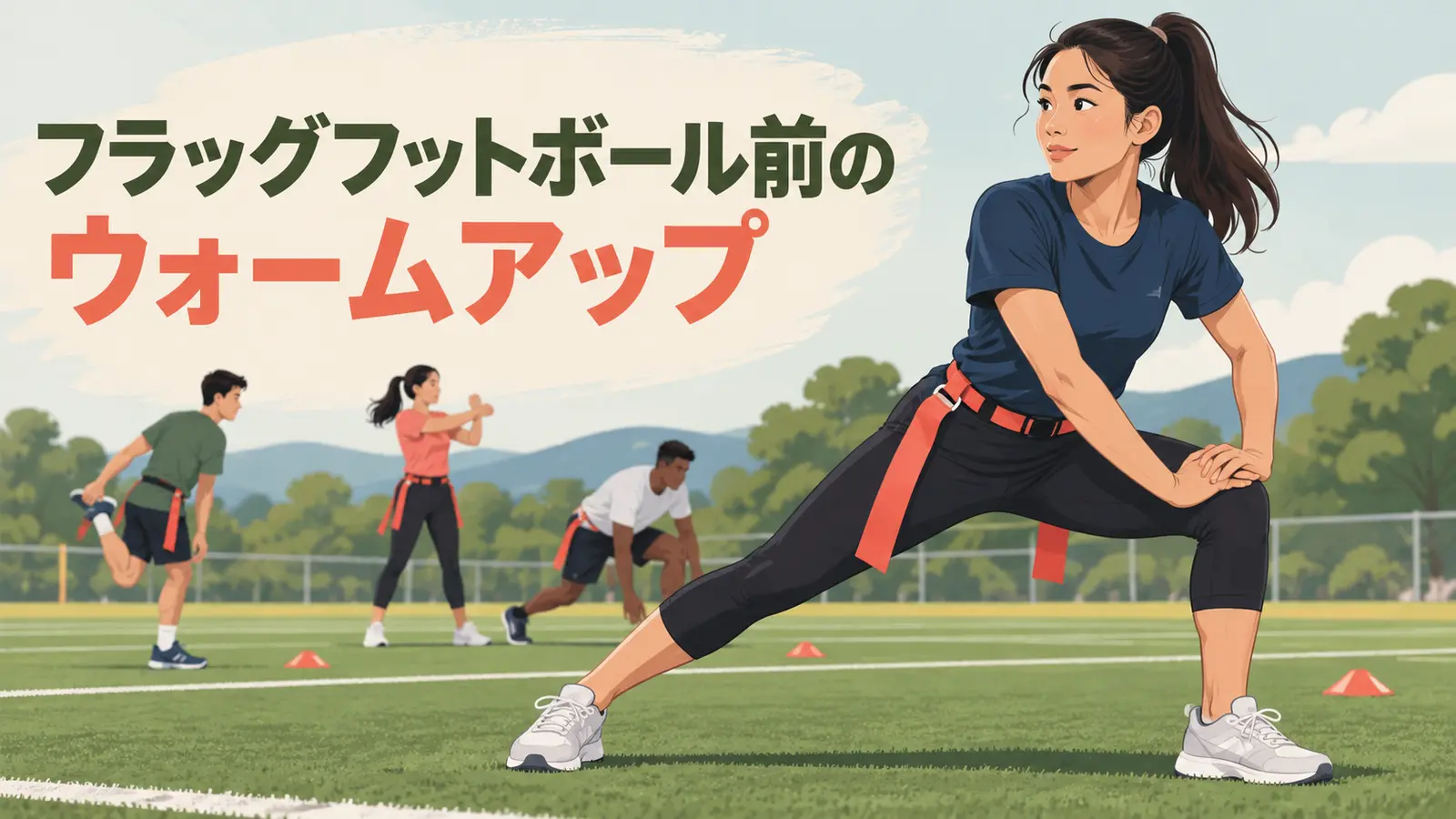 フラッグフットボール前にウォームアップを行う様子