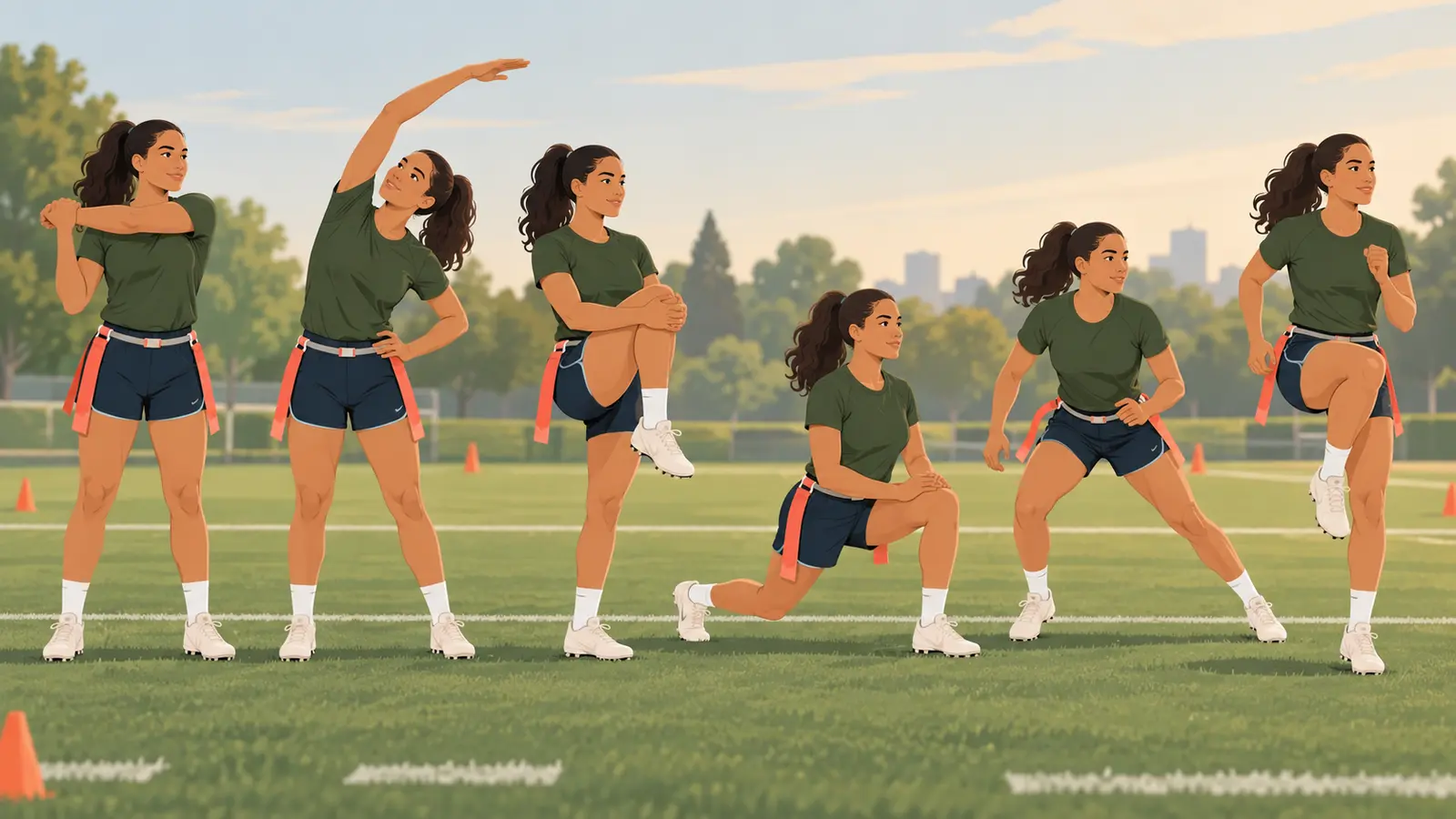 フラッグフットボール前のウォームアップ手順を示すイラスト