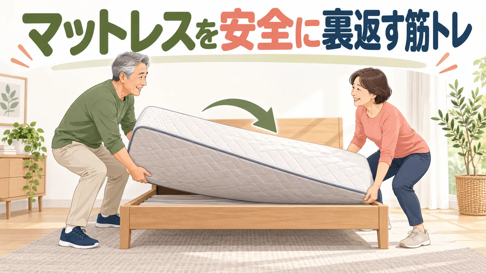 マットレスを安全に裏返す筋トレのイメージ