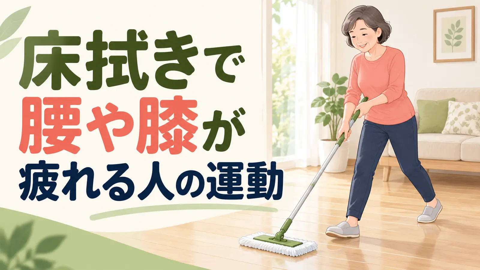 長柄モップで床を拭く中高年向け運動