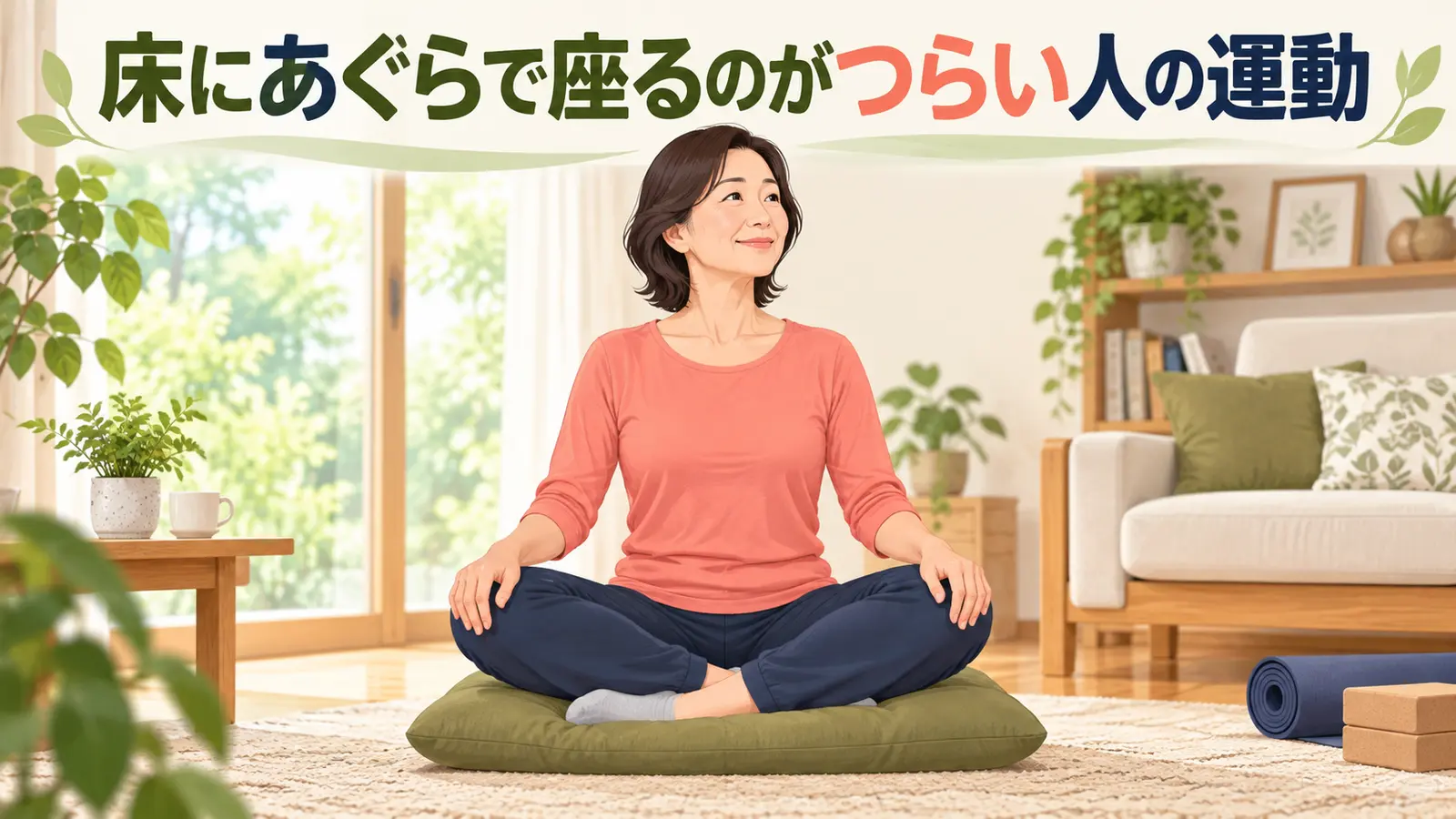 座布団を使い床で楽にあぐらをかく中高年女性