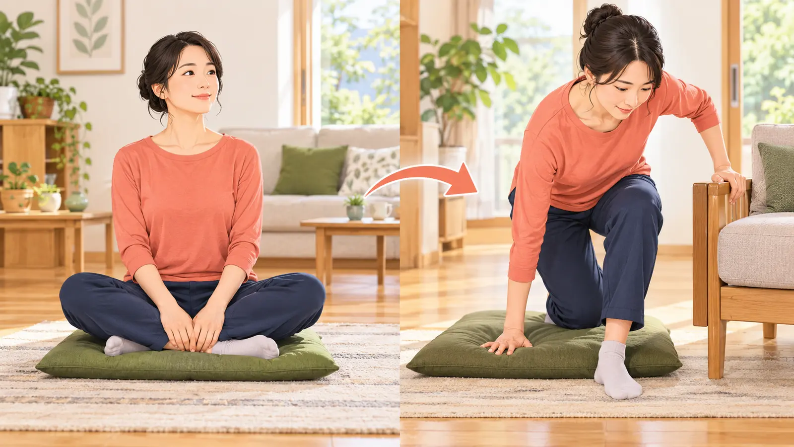 あぐらから支持物を使って段階的に立つ手順