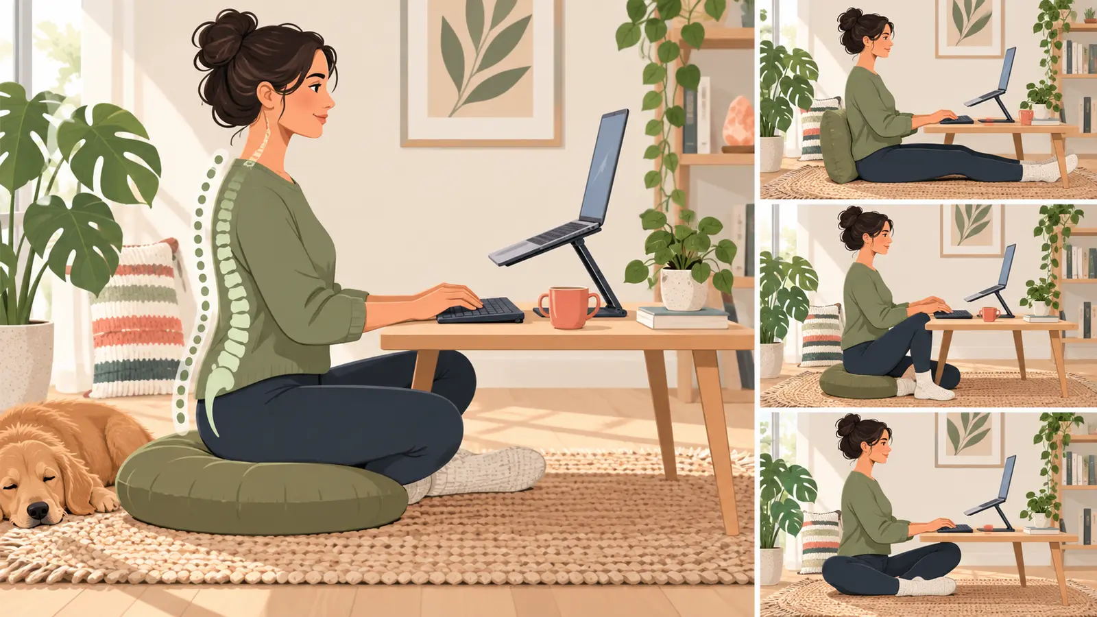 画面台と外付けキーボードを使う床座り環境のイラスト