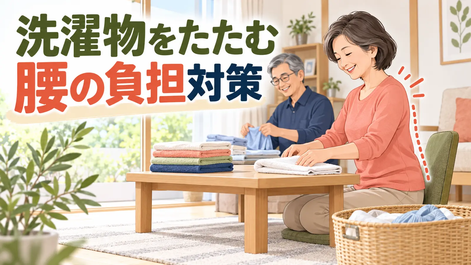 低い机で姿勢を整えて洗濯物をたたむ中高年女性