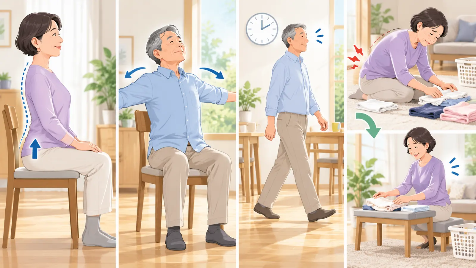 洗濯物たたみ後の姿勢リセットと歩行