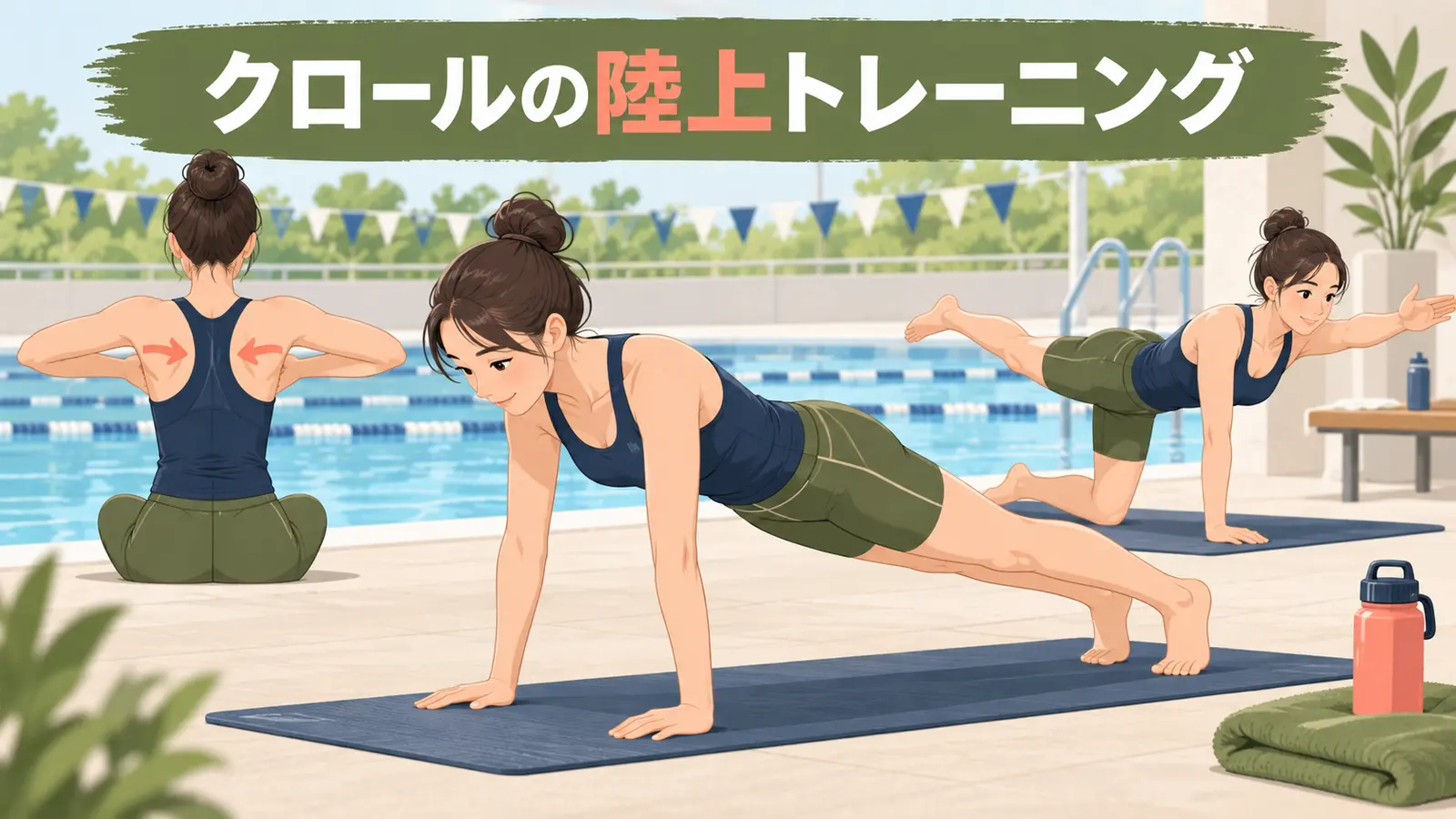 クロールのための陸上トレーニングを行うスイマー