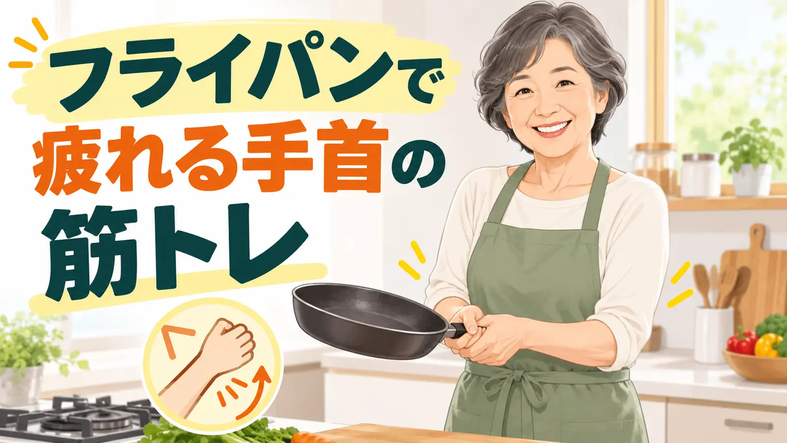 台所でフライパンを両手で安全に持つ中高年女性