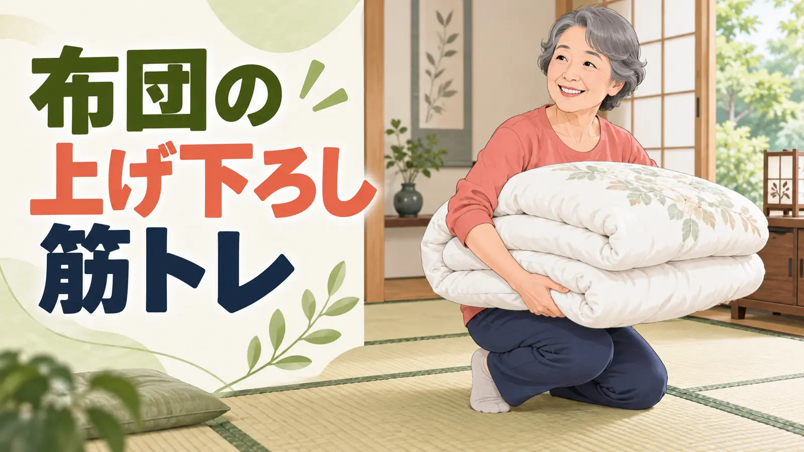 和室で畳んだ布団を抱える中高年女性