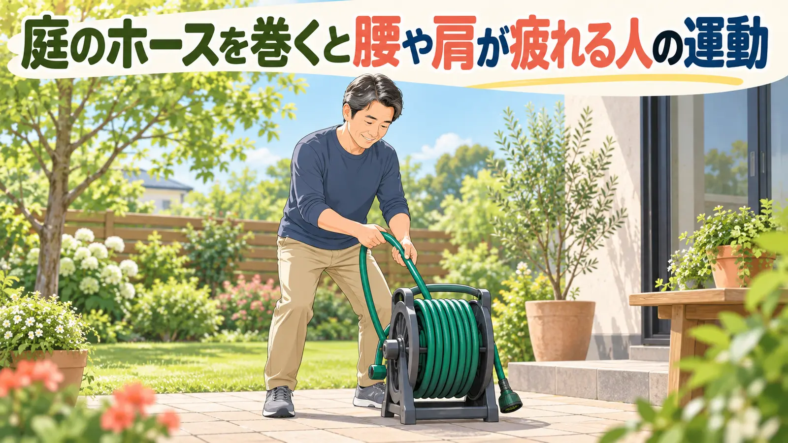 庭で腰をひねらずホースリールを巻く中高年男性