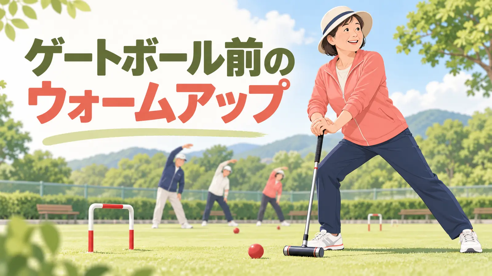 ゲートボール前にウォームアップを行う様子