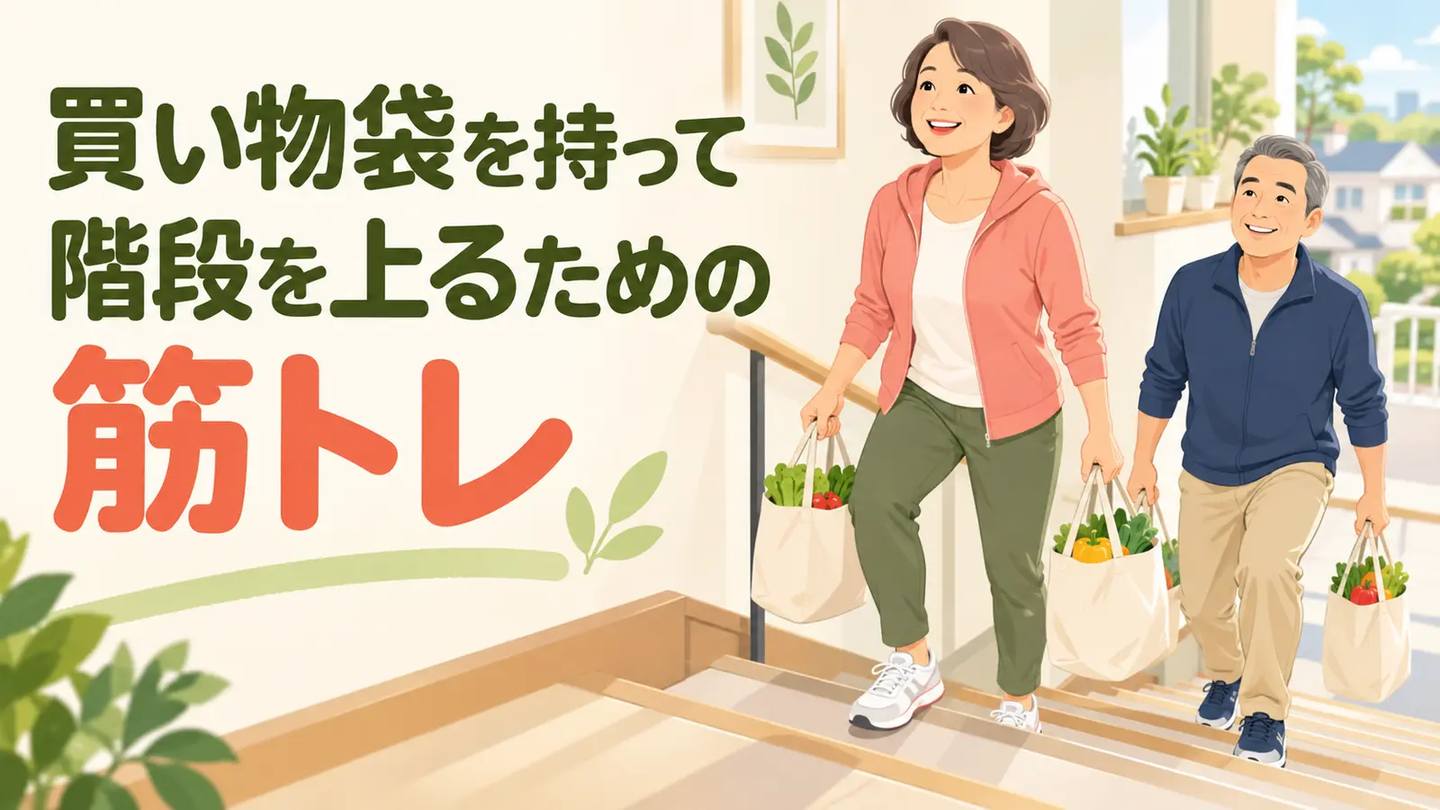 買い物袋を持って階段を上る中高年向け筋トレ