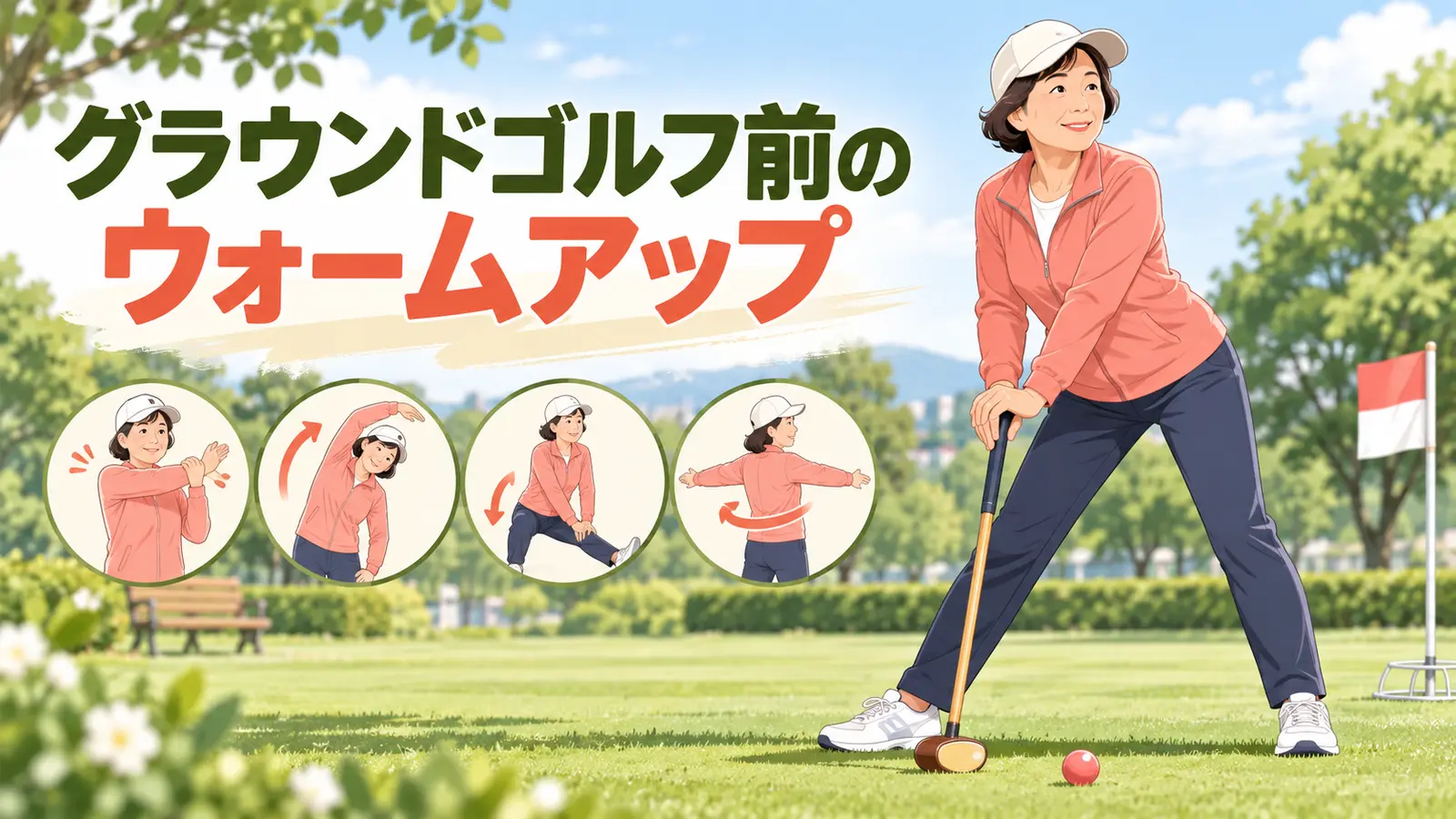 グラウンドゴルフ前にウォームアップを行う様子