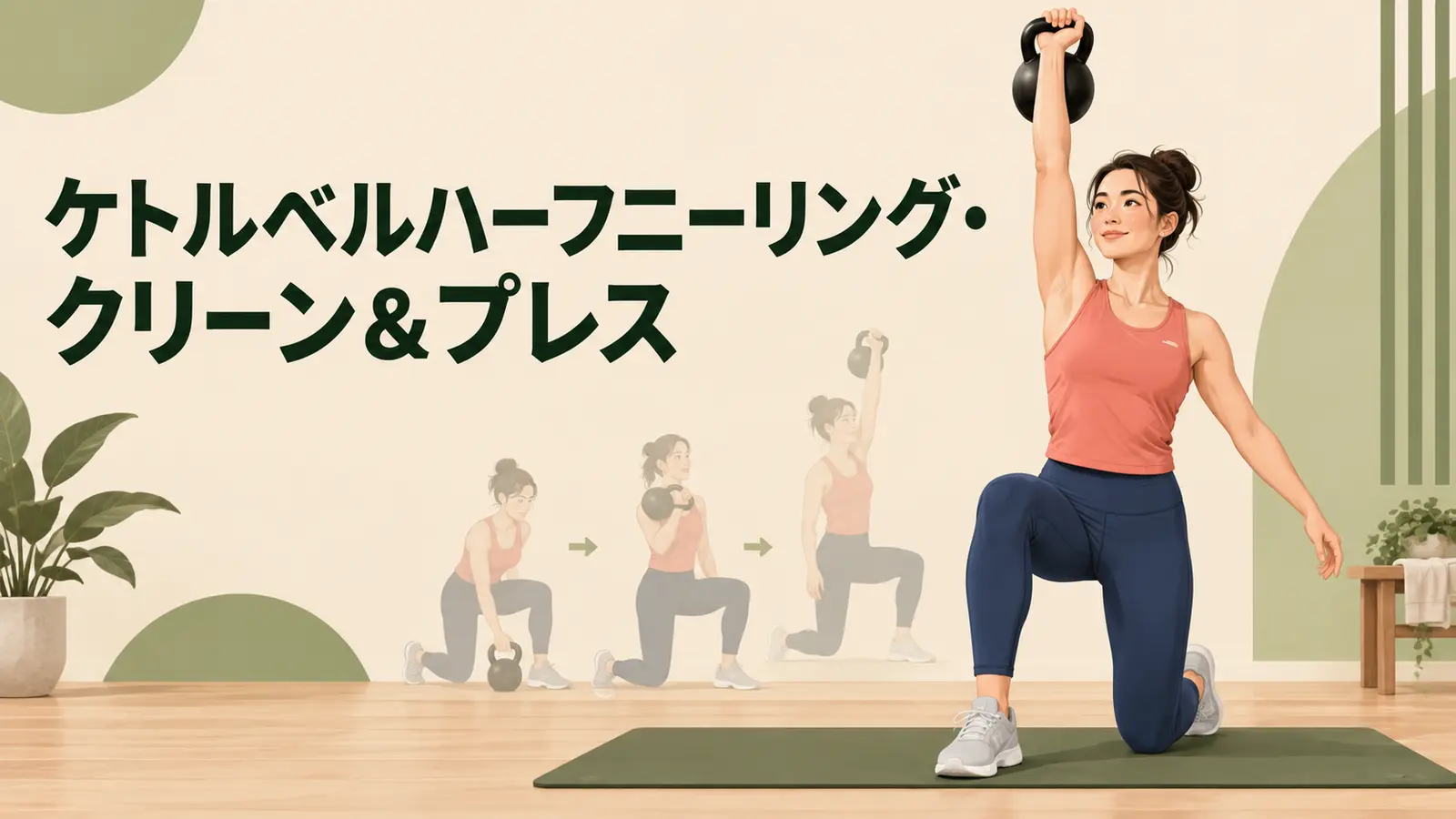 ケトルベルハーフニーリング・クリーン&プレスのフォームを示すアイキャッチイラスト