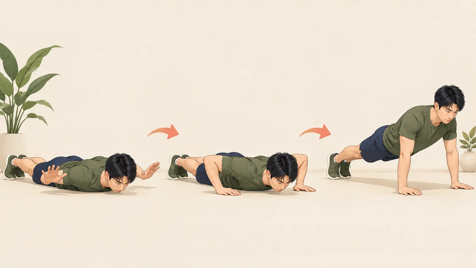 胸を床につけ手を離してから押し上がる手順