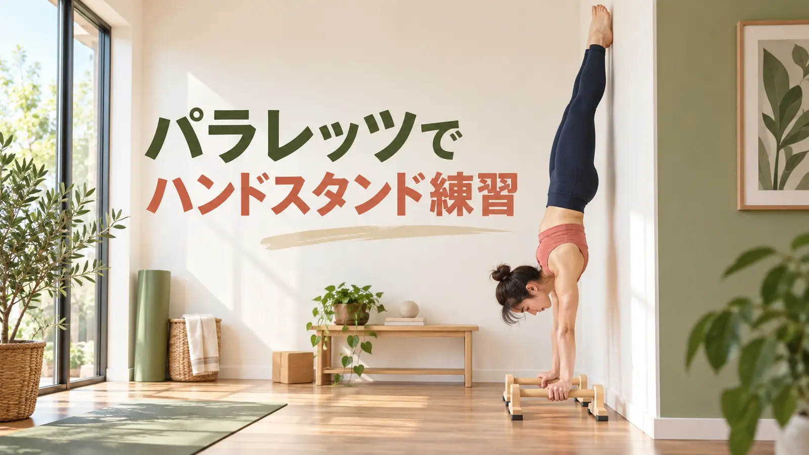 壁を使ってパラレッツのハンドスタンドを練習する女性