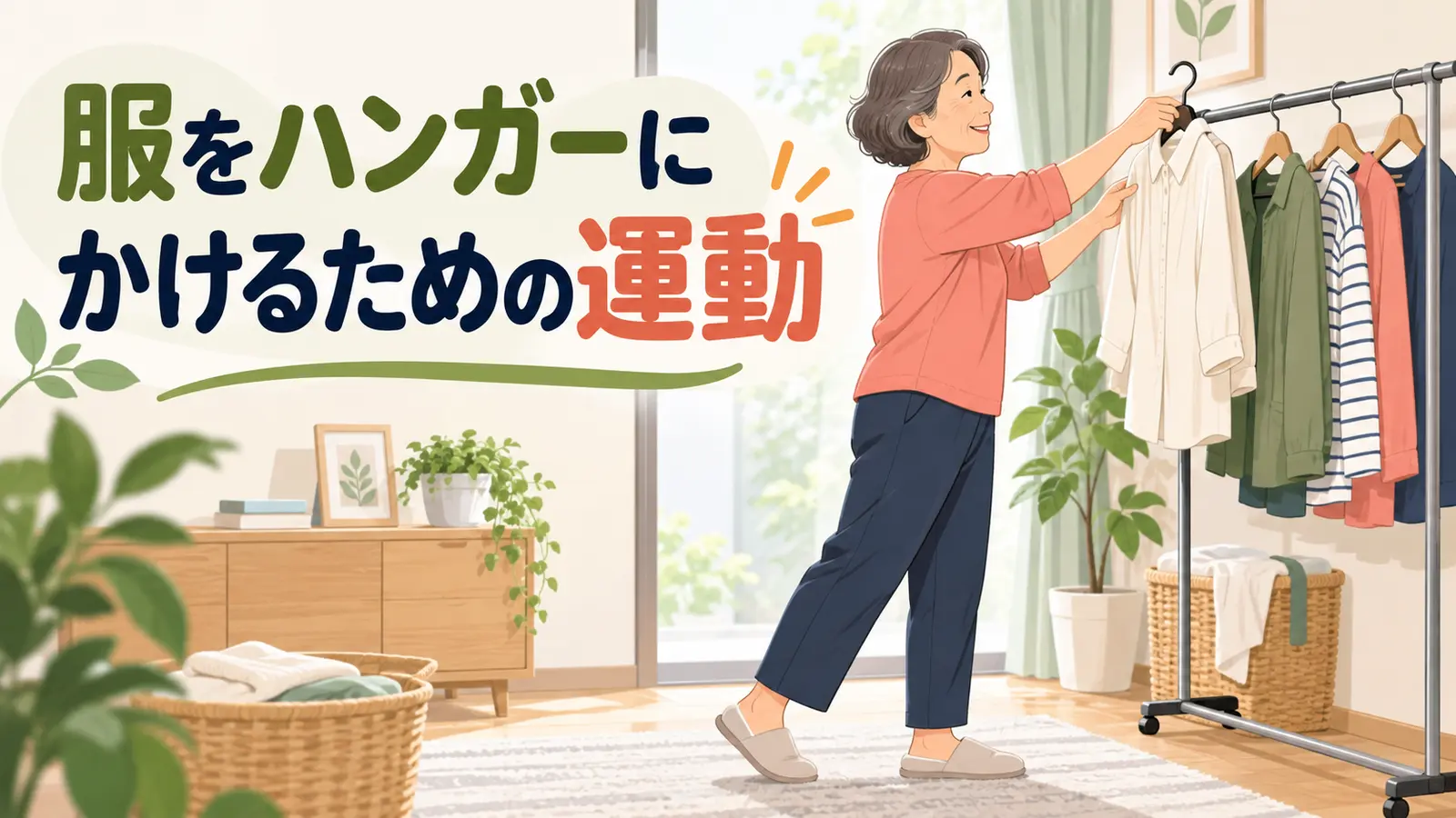 服をハンガーにかけるための運動のイメージ