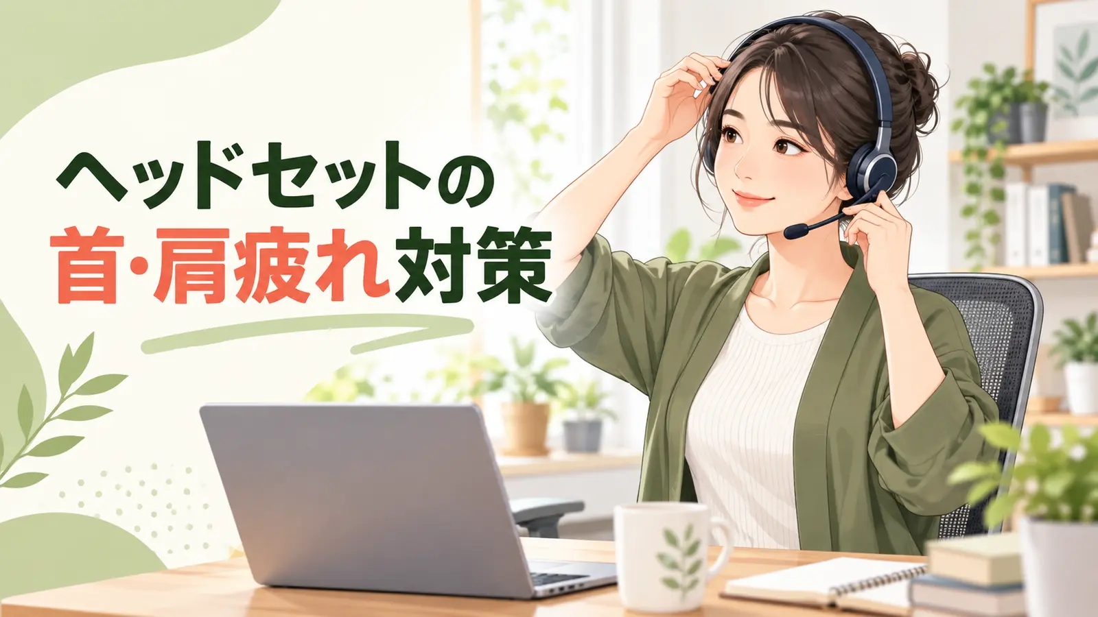 ヘッドセットを調整するオフィスワーカーのイラスト
