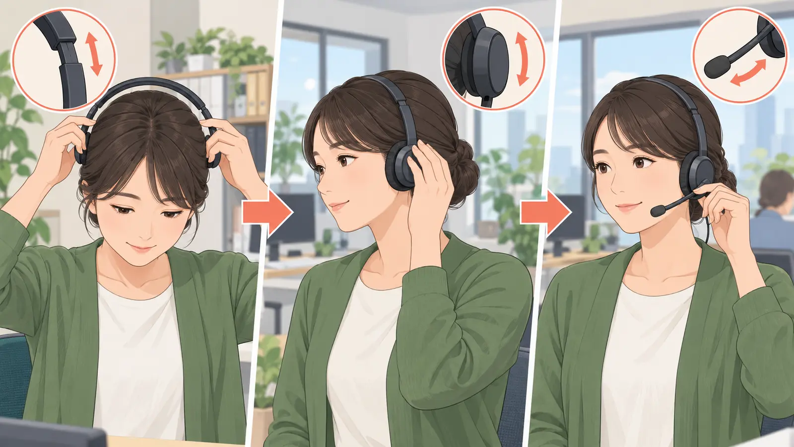 ヘッドセットのバンドとマイク位置を調整するイラスト