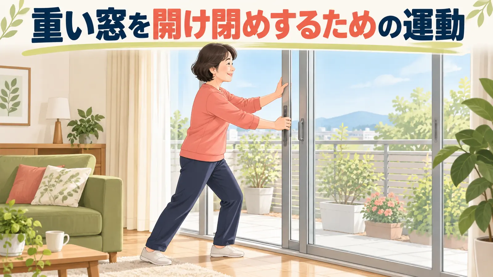 窓の正面に立ち両手で重い窓を開ける中高年女性